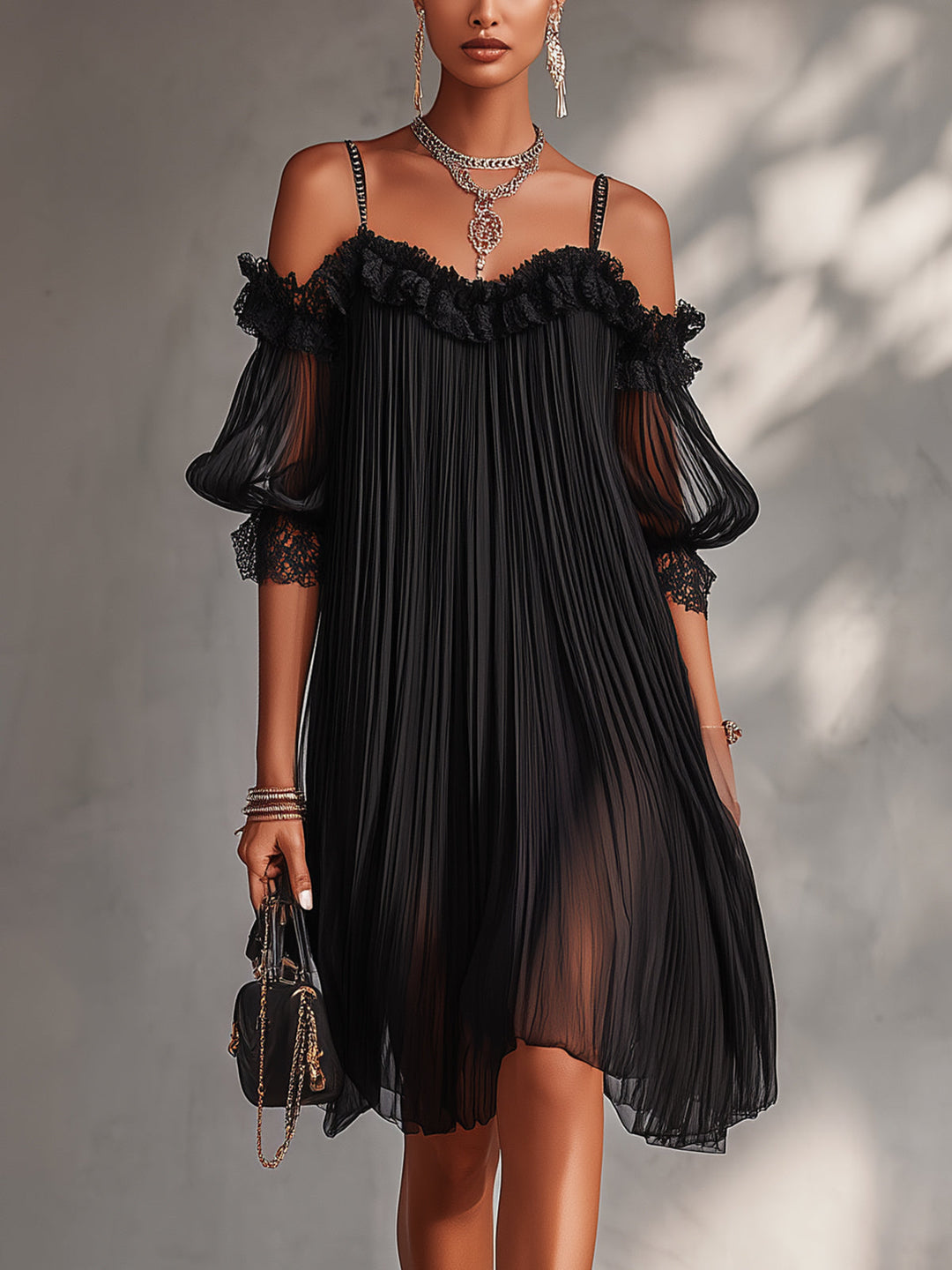 Diana | Black Chiffon Lace Trim Dress