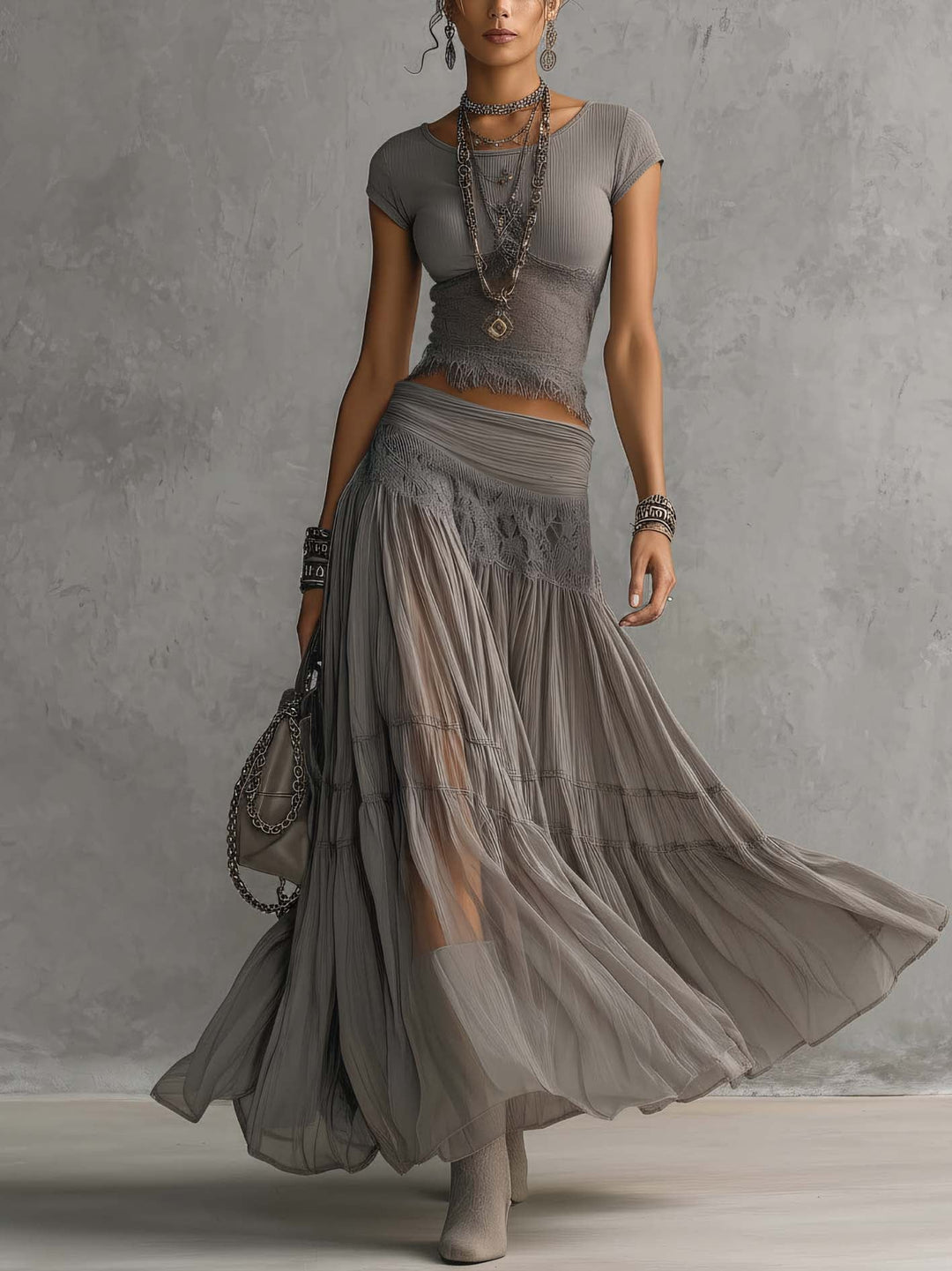 Elodie | Lace Panel Pleated Maxi Skirt Set