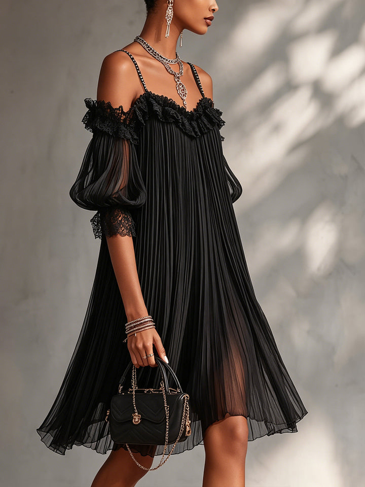 Diana | Black Chiffon Lace Trim Dress