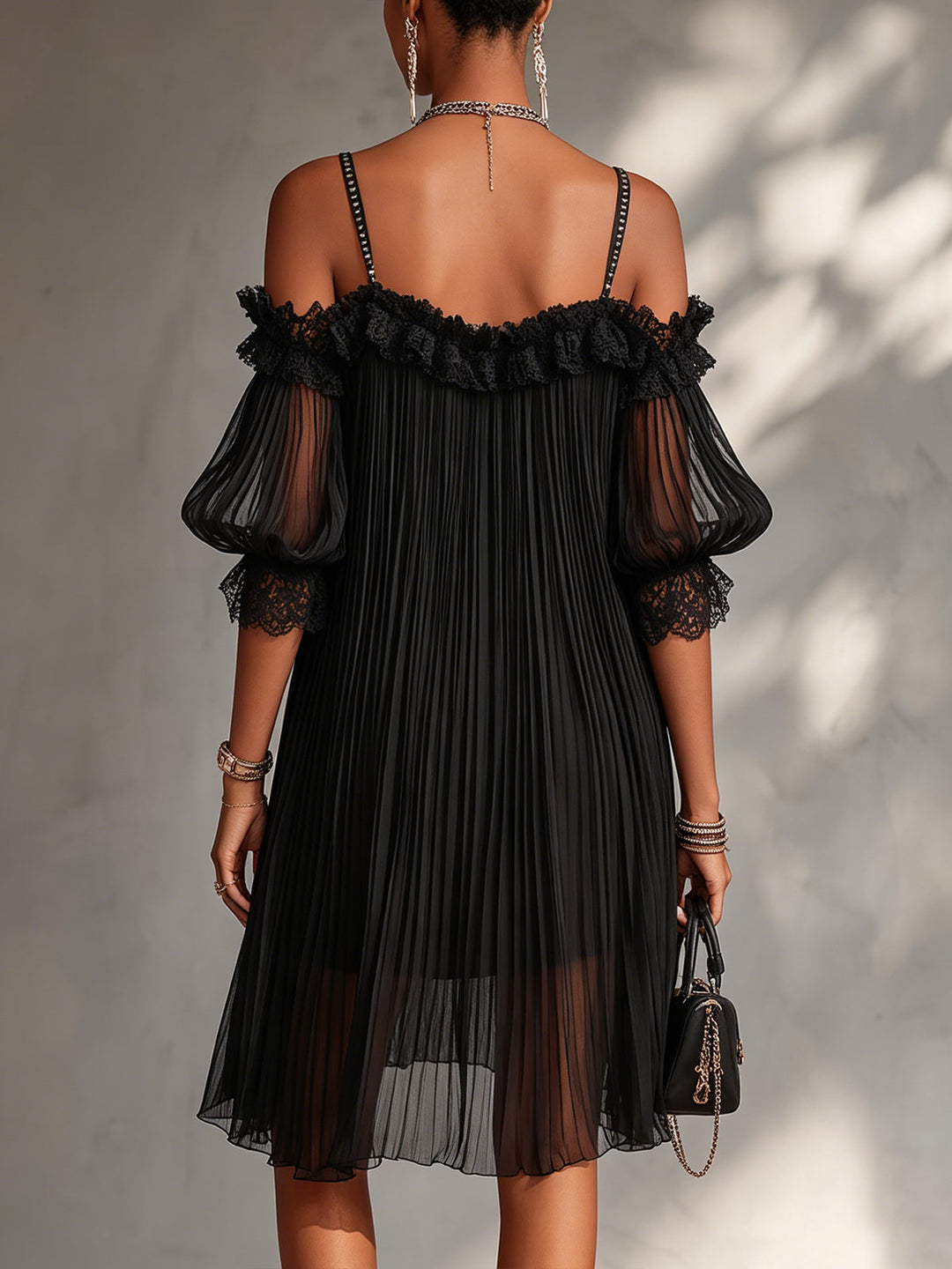 Diana | Black Chiffon Lace Trim Dress