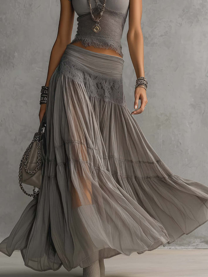 Elodie | Lace Panel Pleated Maxi Skirt Set