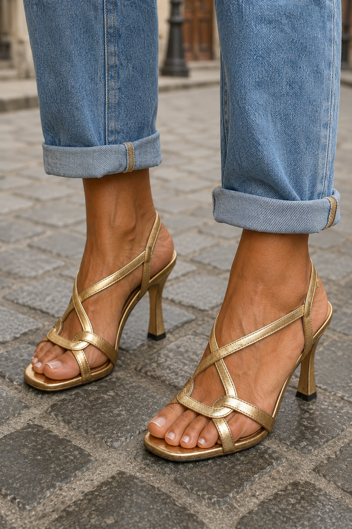 Amelia | Elegant Gold Block Heel Sandals