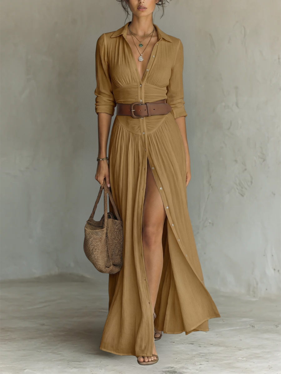 Shirley | Long Sleeve Maxi Dress with Notched Collar