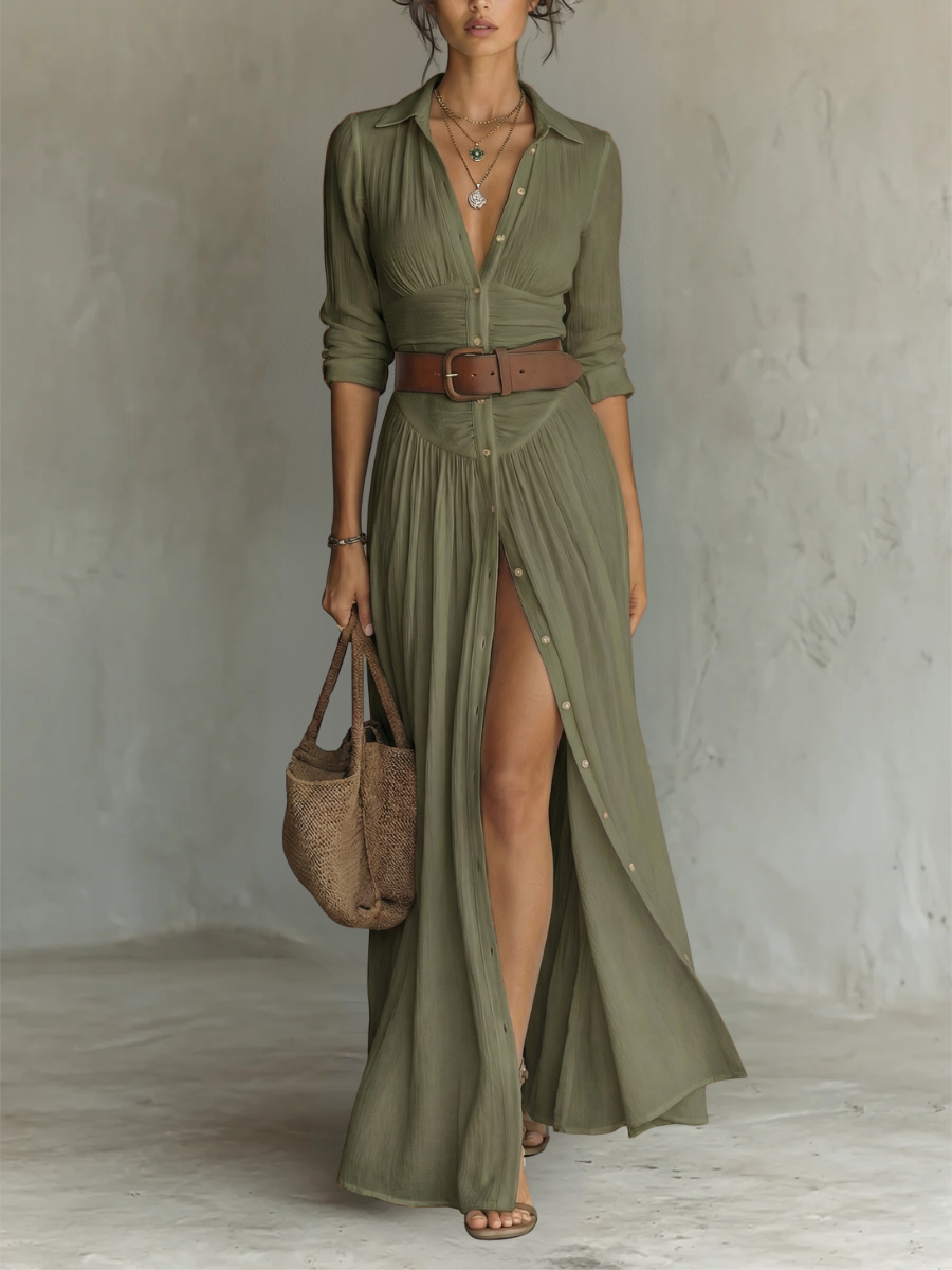Shirley | Long Sleeve Maxi Dress with Notched Collar
