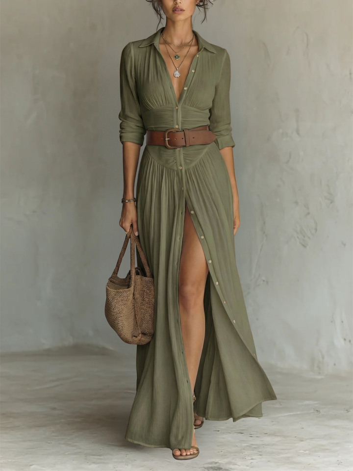 Shirley | Long Sleeve Maxi Dress with Notched Collar