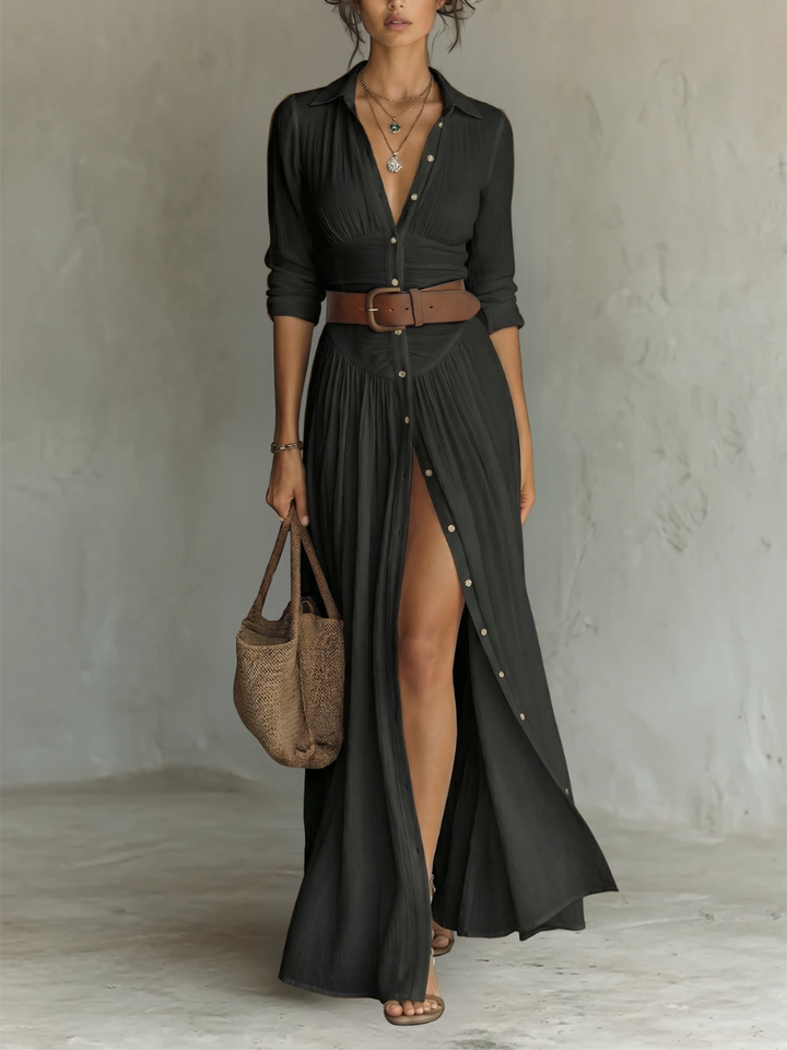 Shirley | Long Sleeve Maxi Dress with Notched Collar