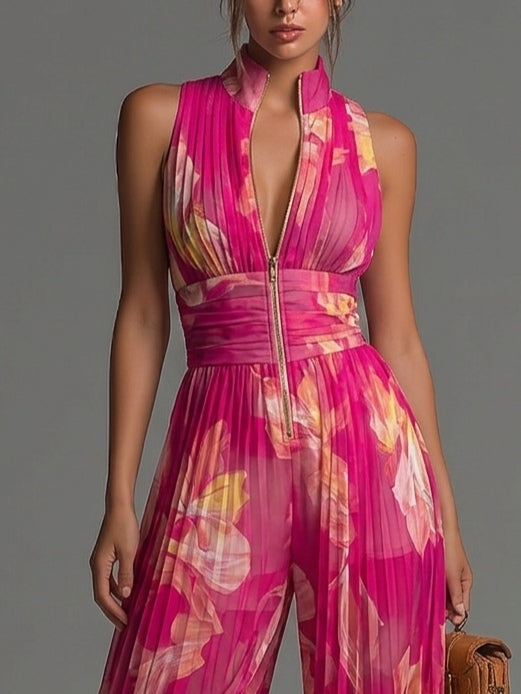 Rachel | Fuchsia Floral Pleated Chiffon Jumpsuit