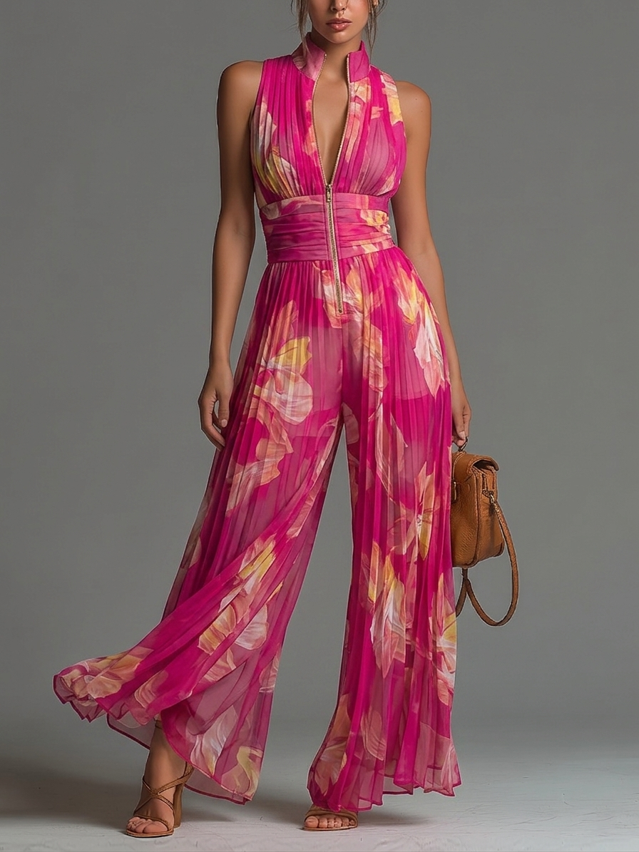 Rachel | Fuchsia Floral Pleated Chiffon Jumpsuit