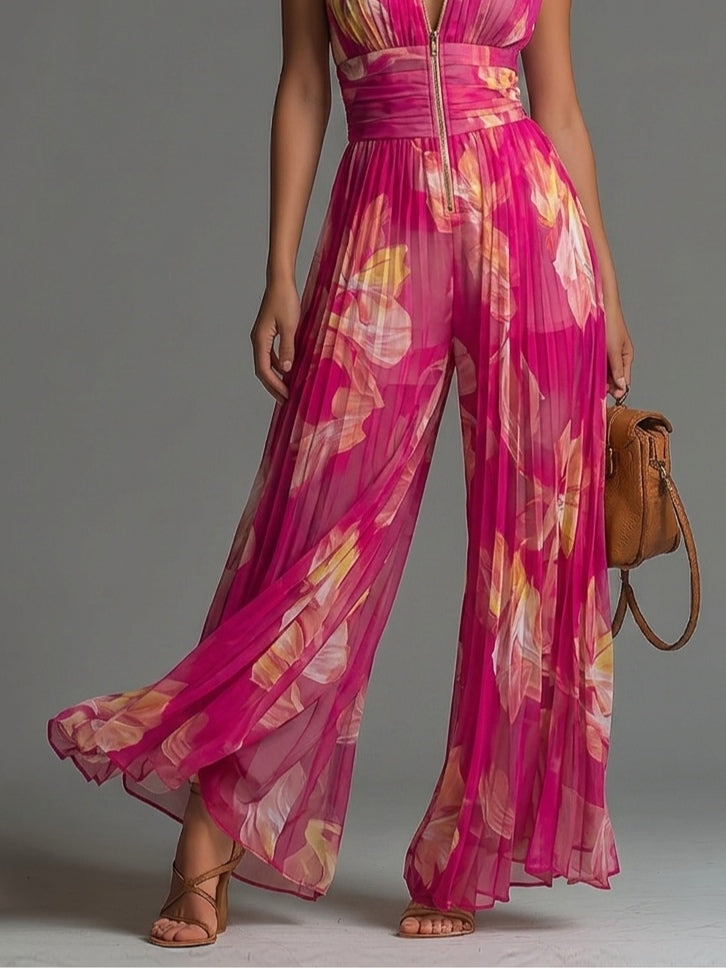Rachel | Fuchsia Floral Pleated Chiffon Jumpsuit