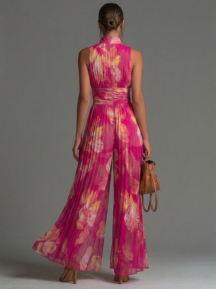 Rachel | Fuchsia Floral Pleated Chiffon Jumpsuit