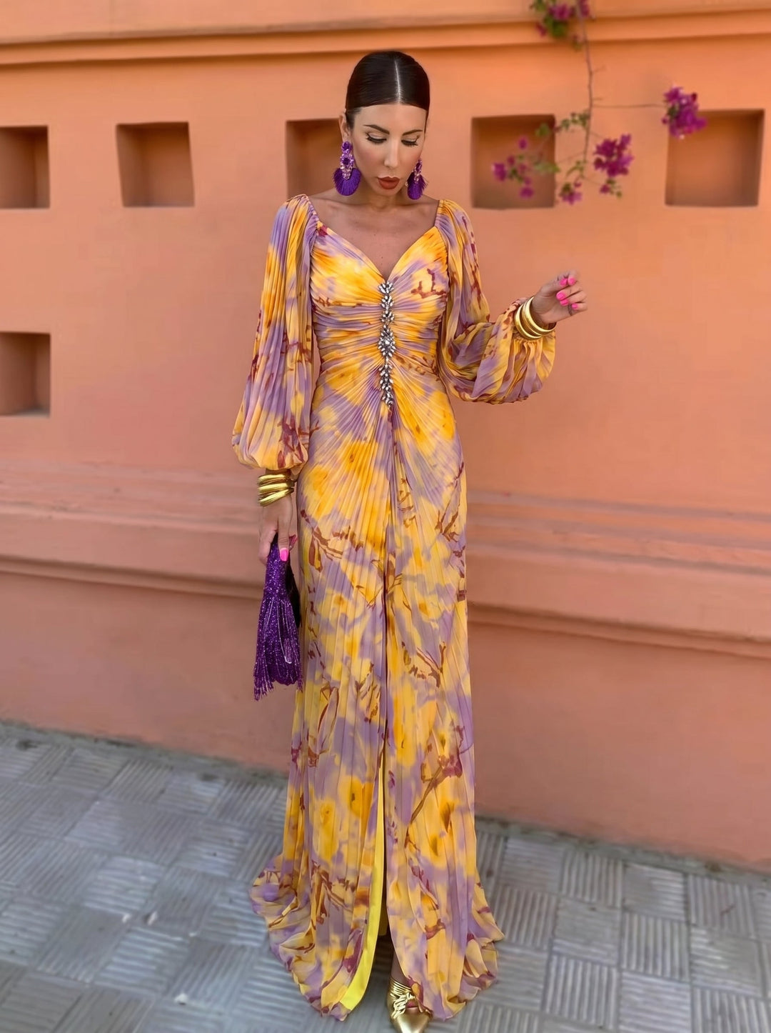 Elizabeth | Long Floral Dress with Deep Neckline