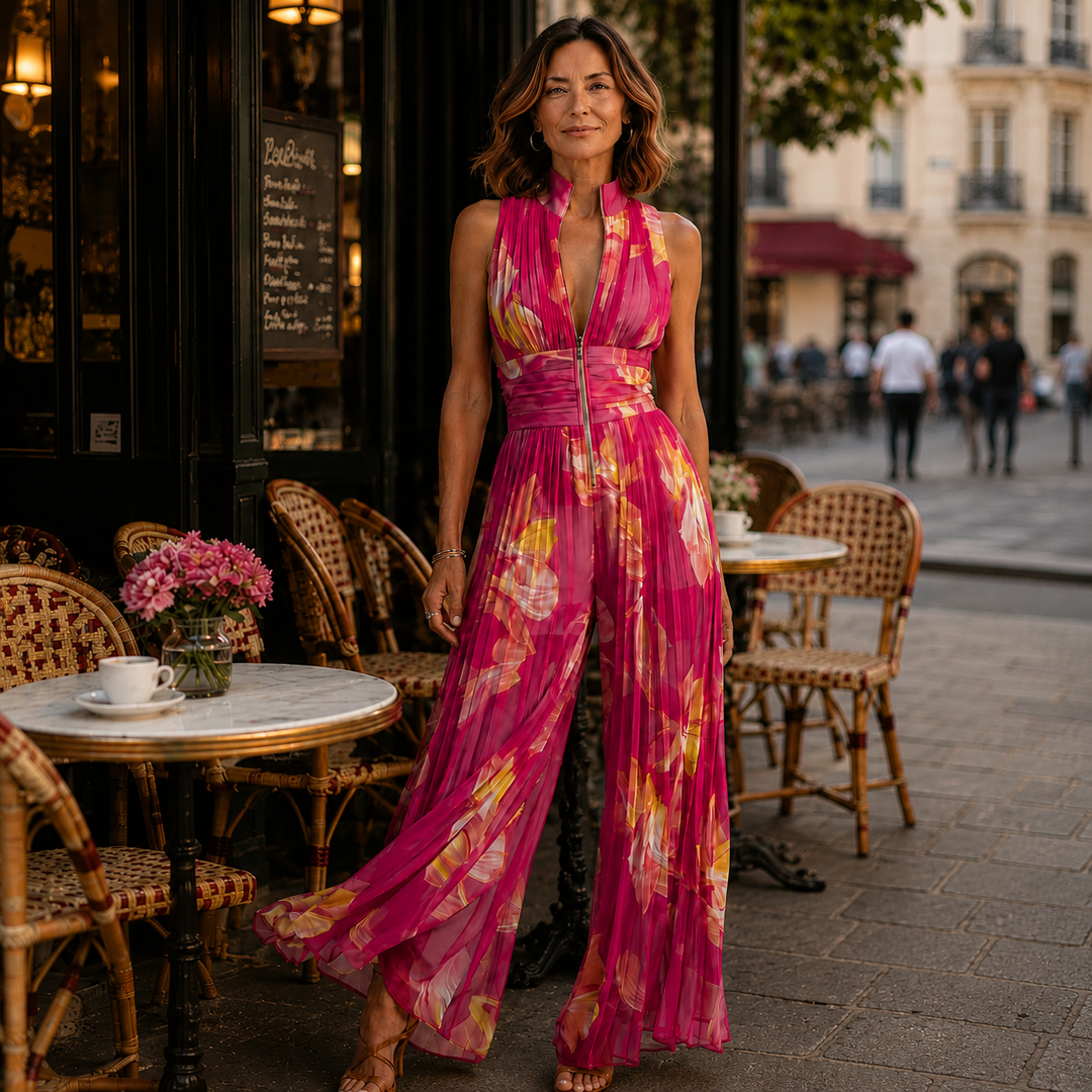 Rachel | Fuchsia Floral Pleated Chiffon Jumpsuit