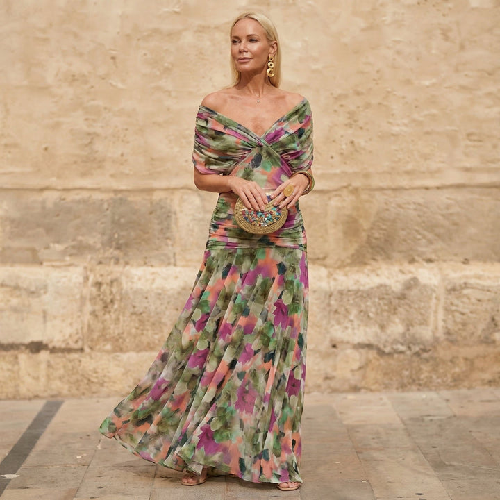 Elizabeth | Long Floral Dress with Deep Neckline