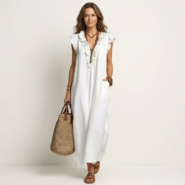 Samantha | Ruffle V-Neck Linen Maxi Dress