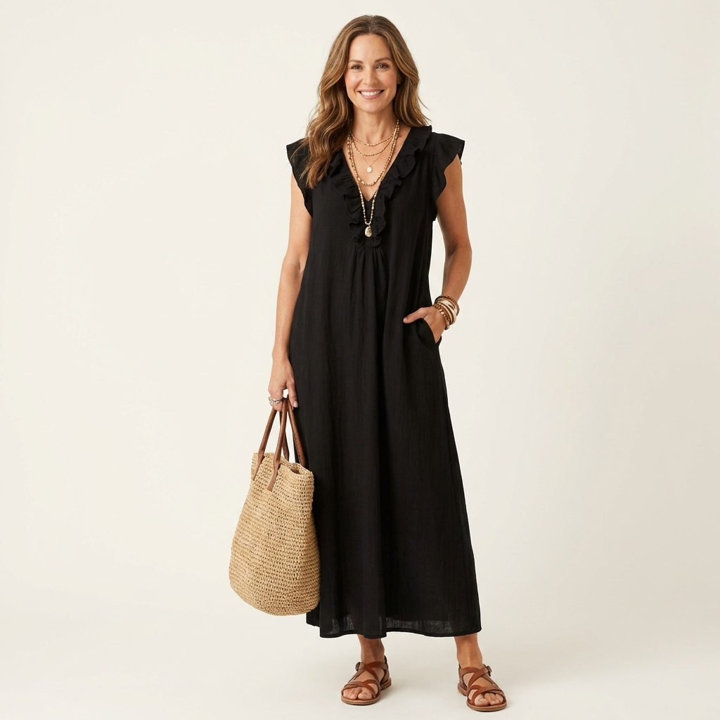 Samantha | Ruffle V-Neck Linen Maxi Dress