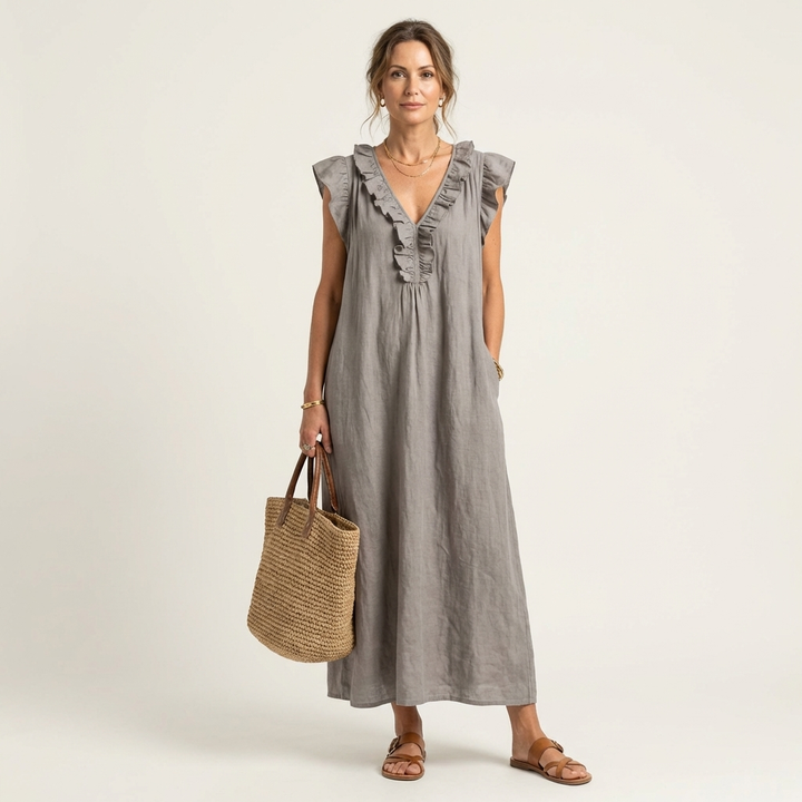 Samantha | Ruffle V-Neck Linen Maxi Dress