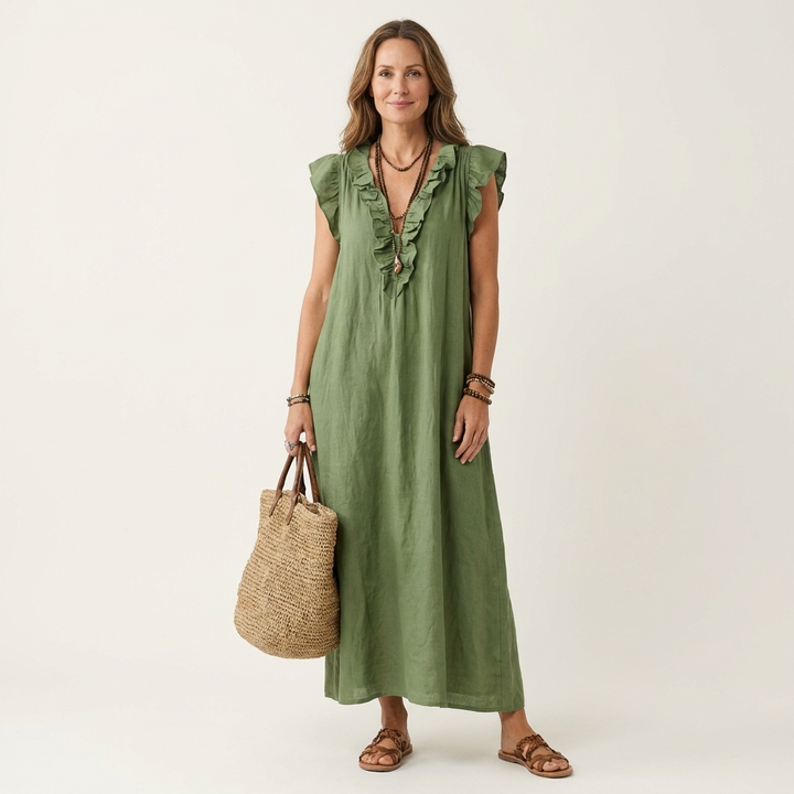 Samantha | Ruffle V-Neck Linen Maxi Dress