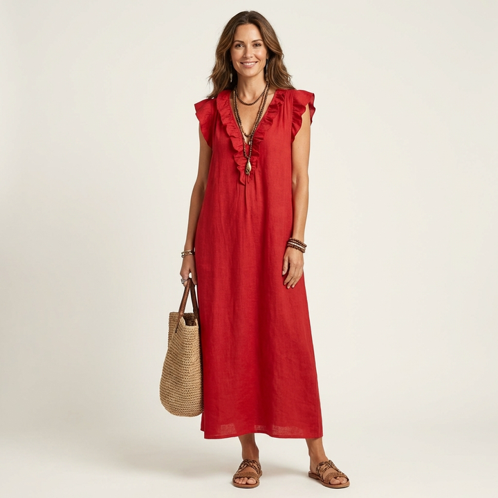 Samantha | Ruffle V-Neck Linen Maxi Dress