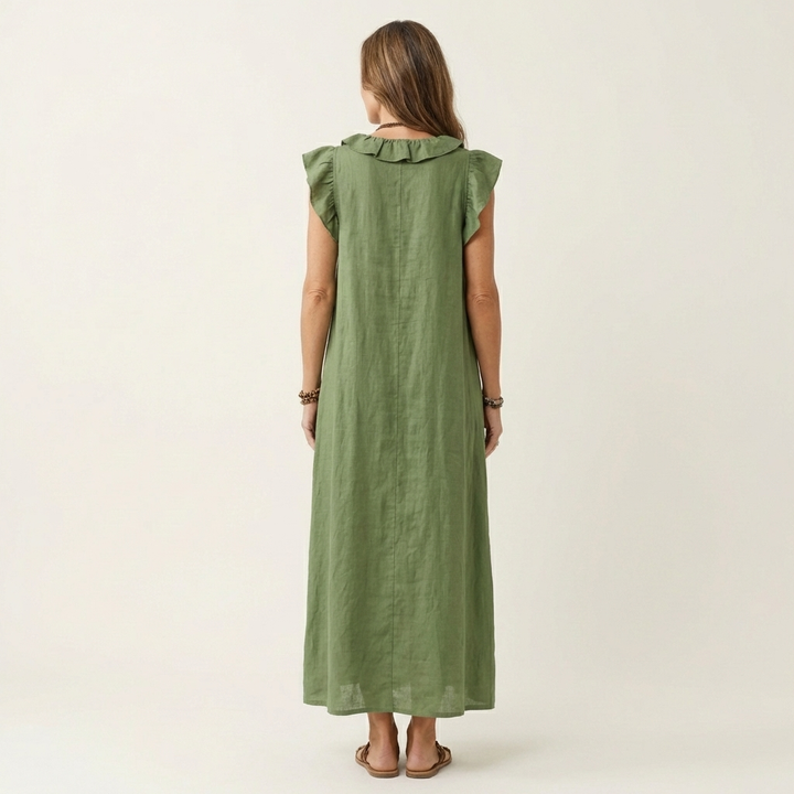 Samantha | Ruffle V-Neck Linen Maxi Dress