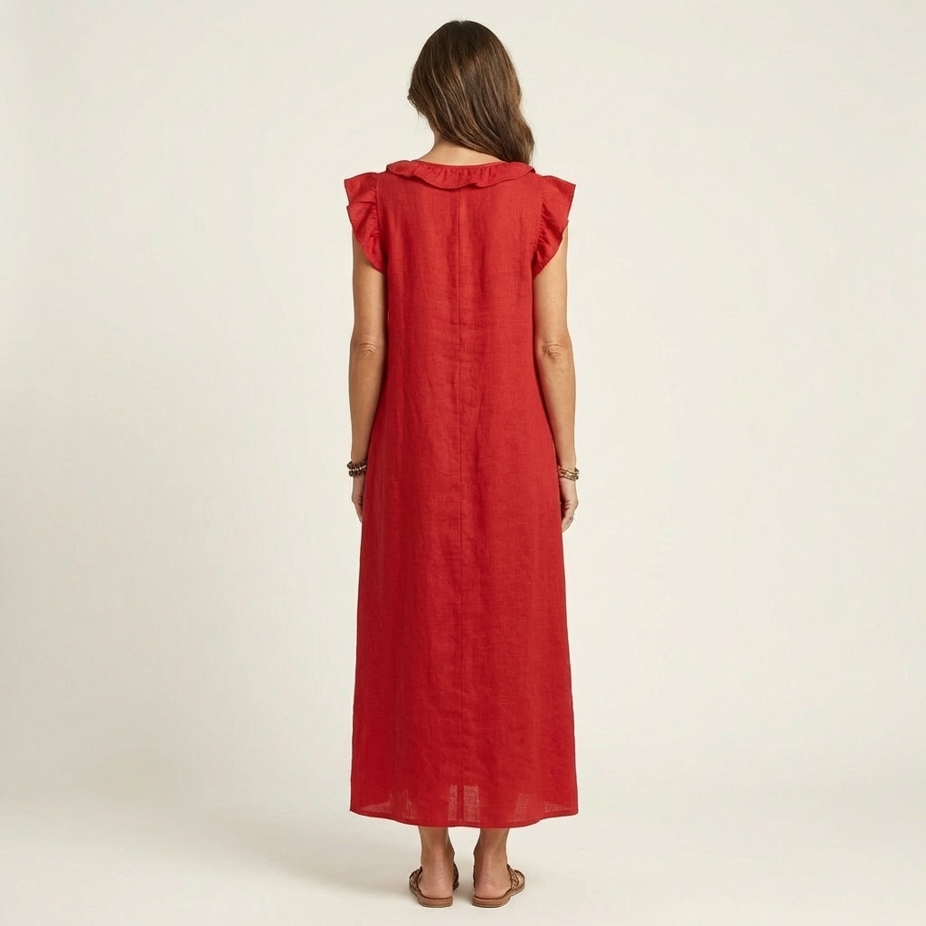 Samantha | Ruffle V-Neck Linen Maxi Dress