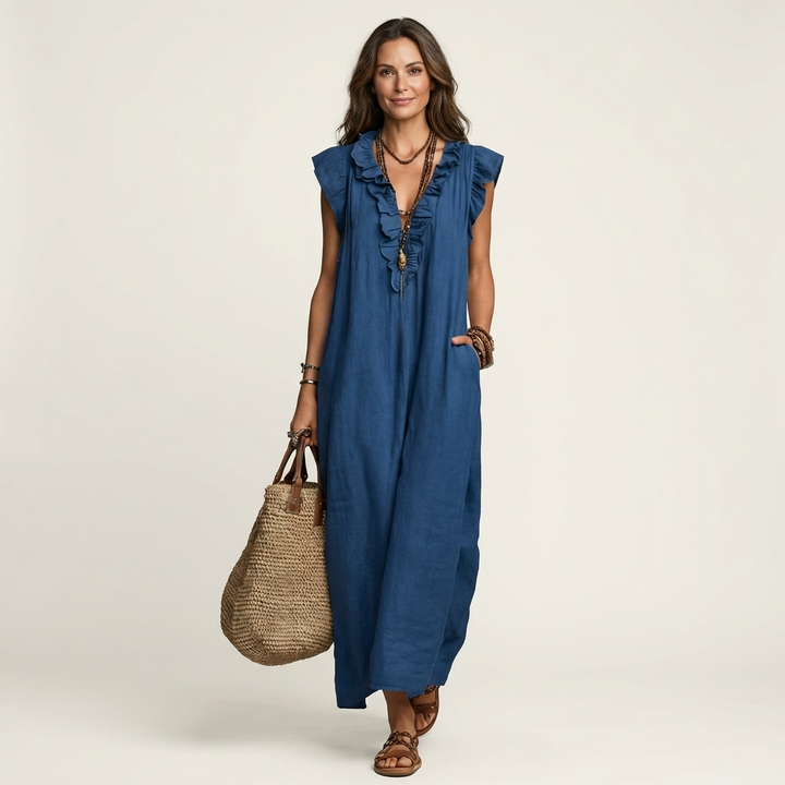 Samantha | Ruffle V-Neck Linen Maxi Dress