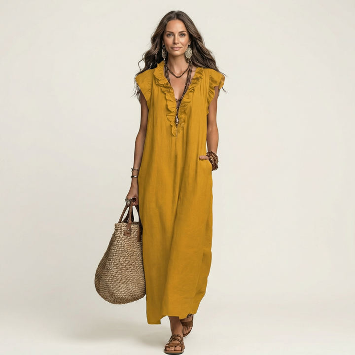 Samantha | Ruffle V-Neck Linen Maxi Dress