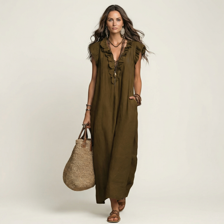Samantha | Ruffle V-Neck Linen Maxi Dress