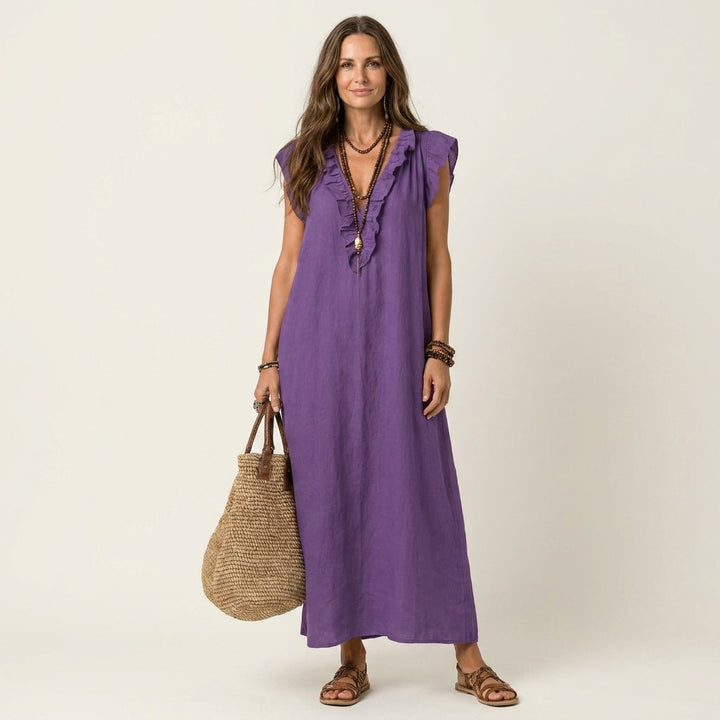 Samantha | Ruffle V-Neck Linen Maxi Dress