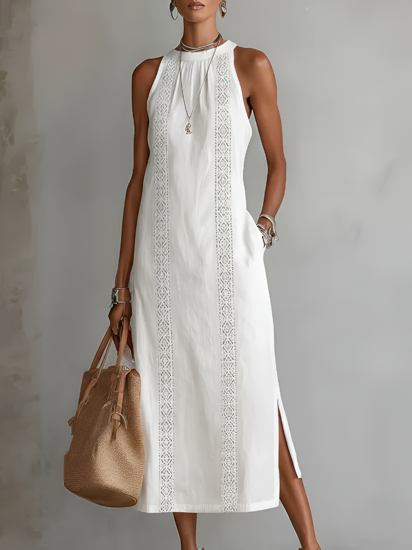 Catherine | Linen Midi Dress with Mandarin Collar