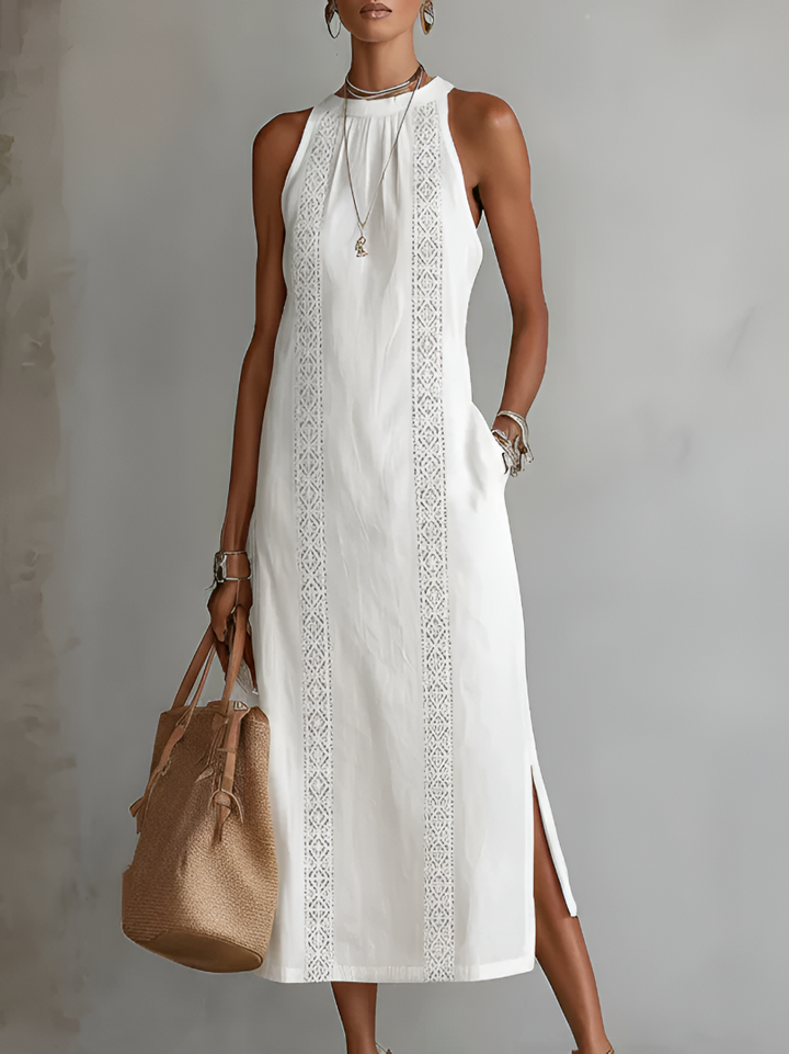 Catherine | Linen Midi Dress with Mandarin Collar