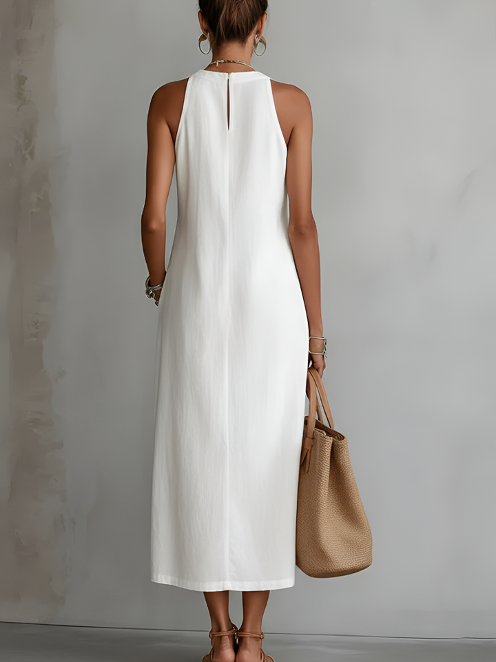 Catherine | Linen Midi Dress with Mandarin Collar
