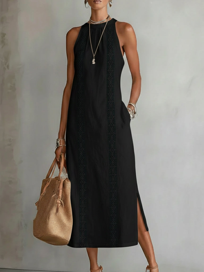 Catherine | Linen Midi Dress with Mandarin Collar