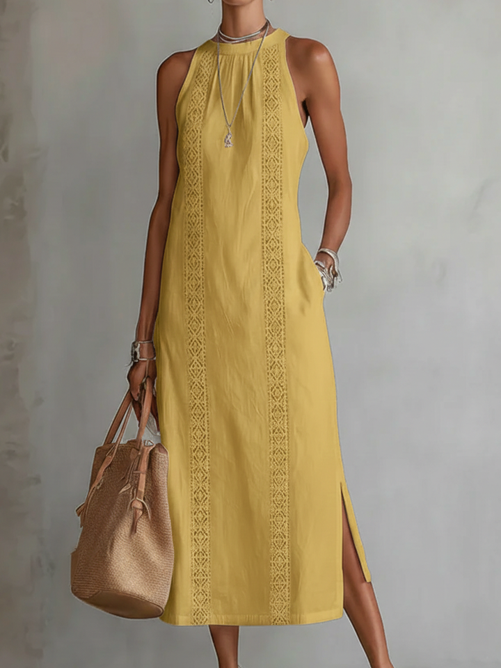 Catherine | Linen Midi Dress with Mandarin Collar